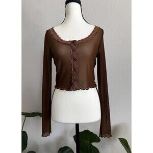 Y2K Brown Sheer Mesh Lace Trim Cropped Button Front Long Sleeve Top M Coquette